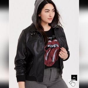 Black Faux Leather Hooded Bomber Jacket Torrid size 2